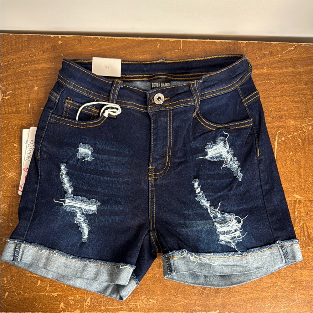 Lover Brand Blue Distressed Relaxed High Rise Jean Shorts